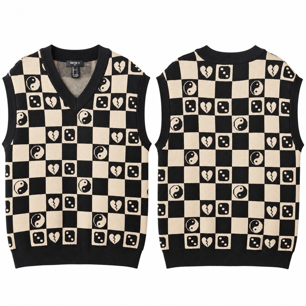 FOREVER 21 Men 100% Cotton Sleeveless Sweater Vest Sz S Black Ivory Ying-Yang